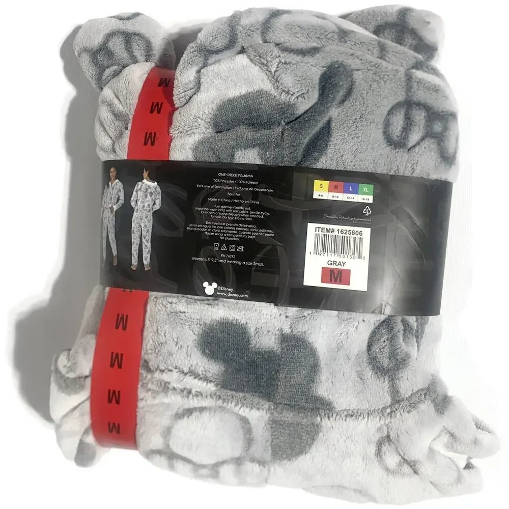 Disney Mickey and Minnie One Piece Pajama Hooded Gray Size Medium NEW - Picture 2 of 9